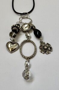 Necklace handmade 3 tier dangle silver black clear charms glass/beads OOAK